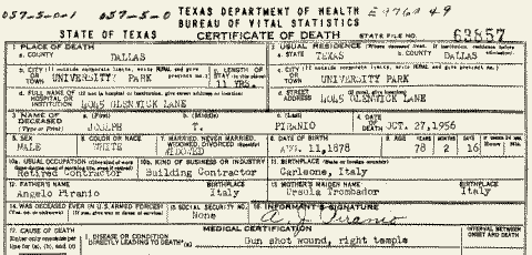 Joseph Piranio death certificate