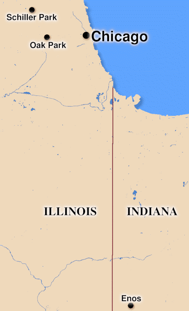 Map shows Chicago IL and Enos IN