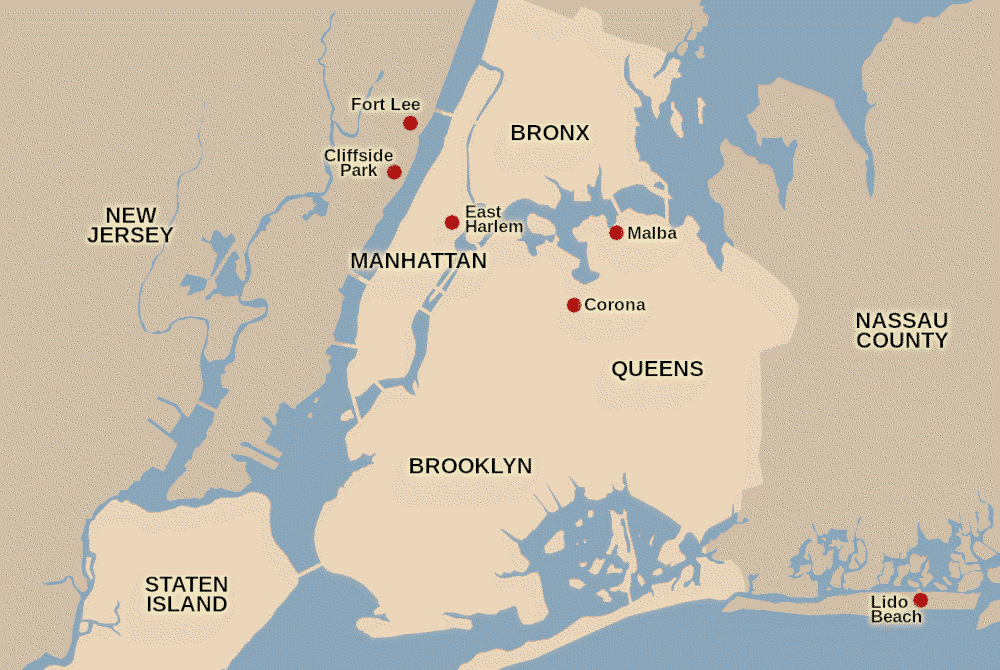 Map showing locations around New York City