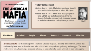 American Mafia history website home page with new menu bar