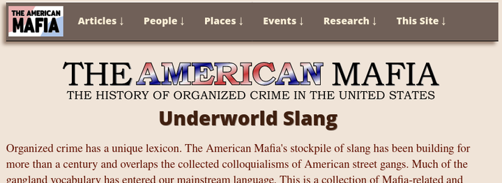 American Mafia history website article page with new menu bar